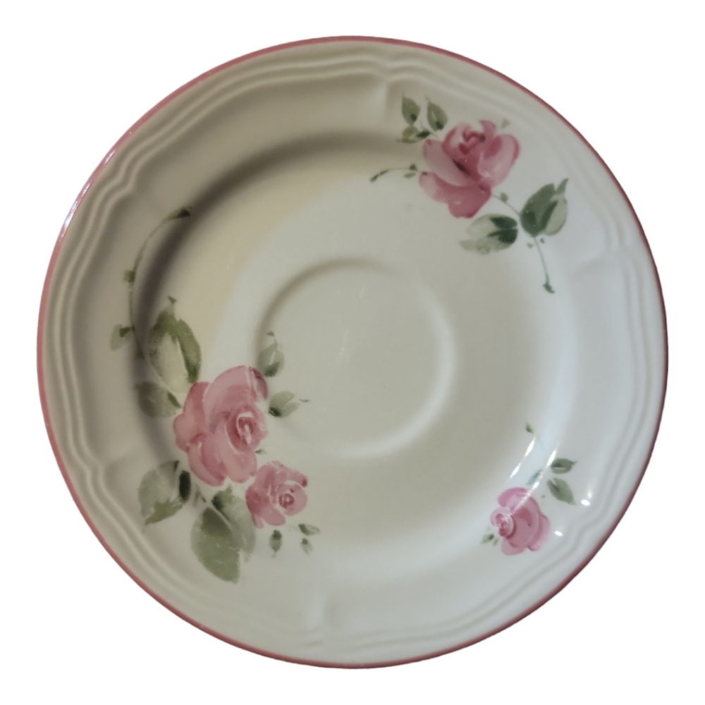 1 Vtg Gibson Roseland Coffee Tea Stoneware Flat Cup/Saucer Pink Rim Roses Leaves - Picture 3 of 5